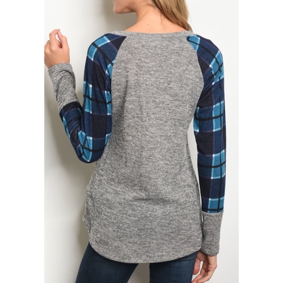 Blue Plaid with Contrast Gray Long Sleeve Top - Picture 2 of 2
